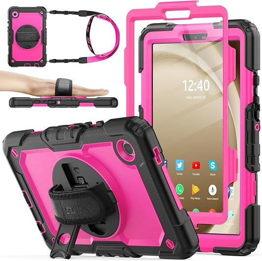 SEYMAC stock Case for Samsung Galaxy Tab A11/ A9 8.7'' (Not for A11+Plus11''), Full-Body Drop Protection Case with Screen Protector Pencil Holder [360° Rotating Hand Strap] &Stand, Pink+Black