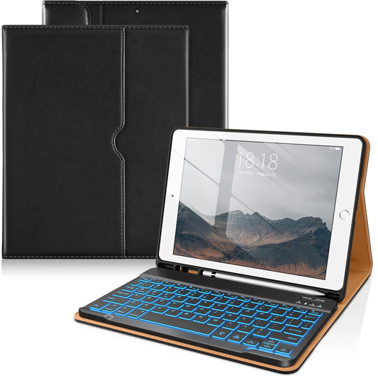 DTTO for iPad 9th/8th/7th Generation 10.2" Case 2021/2020/2019 with Keyboard, 7 Colors Backlit Wireless Detachable Keyboard Premium Leather Folio Cover with Pencil Holder & Pocket, Black