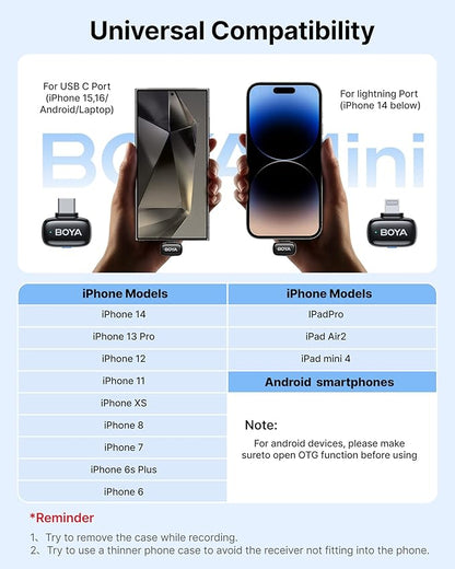 BOYA mini Wireless Microphone for iPhone/Android/PC/Tablets with USB C/Lightning Plug, MFi Certified, Noise Reduction, AI Voice Changer, 30H Battery Life with Charging Case for Video Recording Podcast