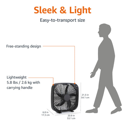 Amazon Basics 3-Speed Box Fan for Bedroom, Portable with Carry Handle, Powerful Airflow, 5 Blades, Lightweight Design, 67 Watts, 20-Inch, Black, 6.8"D x 20.86"W x 21.33"H