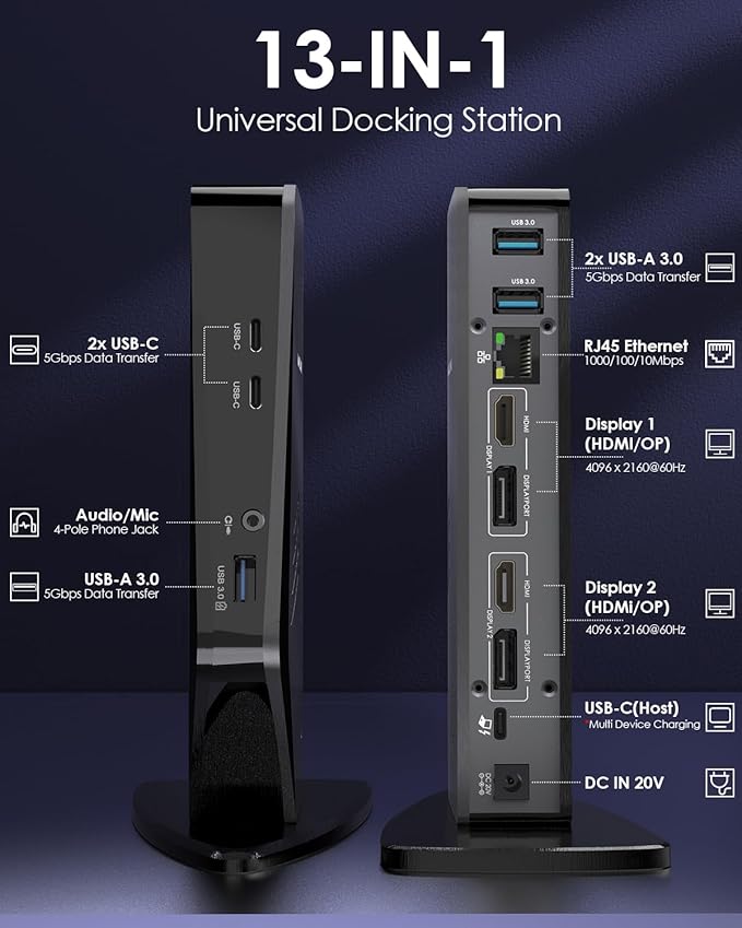 WAVLINK USB 3.0 and USB-C Universal Laptop Docking Station with 65W, Dual Monitor Docking Station for Windows or Mac, 4K HDMI (2 HDMI,2 Display Ports,3 USB-A, 2 USB-C, Ethernet, Audio&Mic)