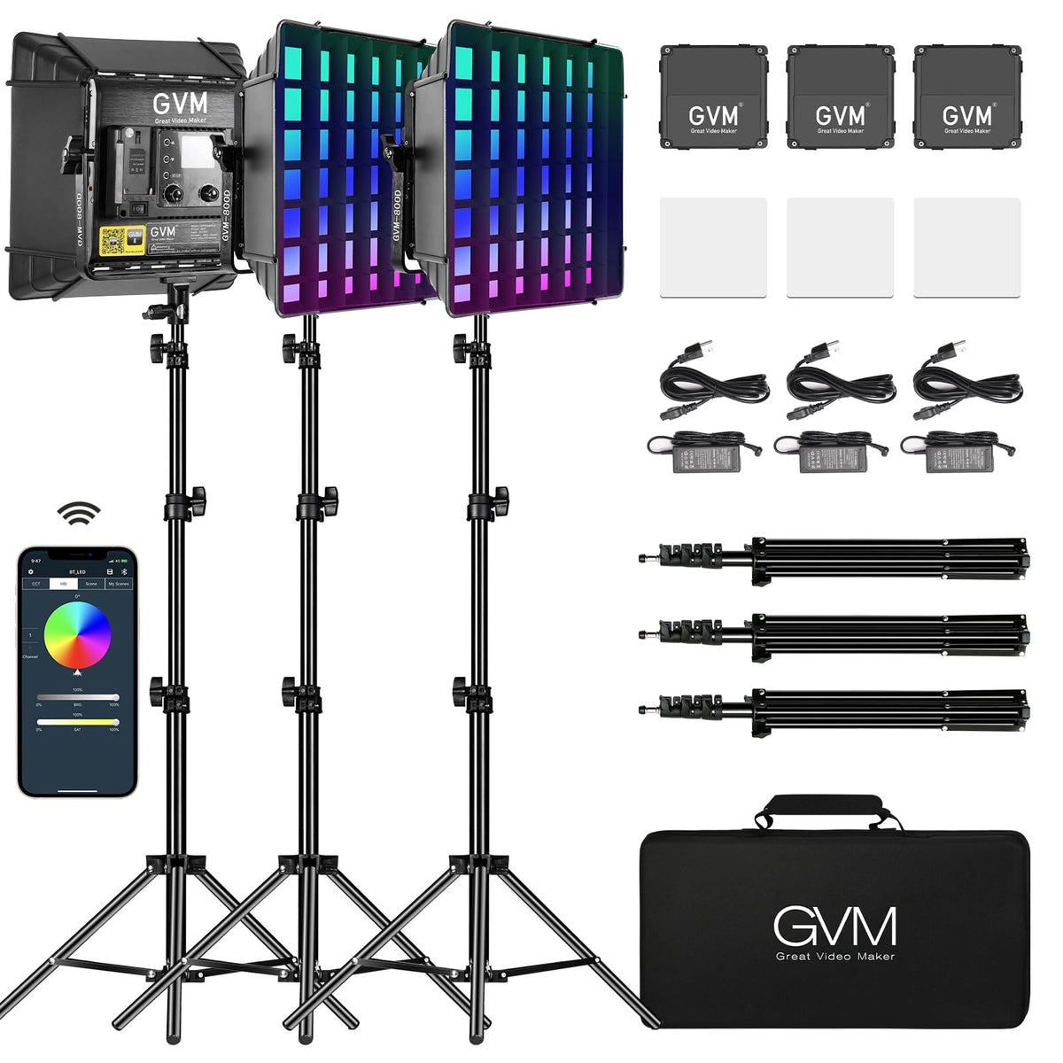 GVM RGB LED Video Lighting Kit, 800D Studio Video Lights with Panel, APP Control for YouTube Photography Lighting,, 3200K-5600K, 8 Kinds of The Scene Lights, 3 Packs