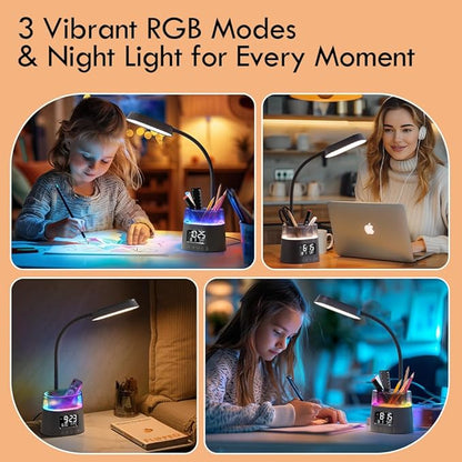 WILIT LED Desk Lamp for College Dorm Room Essentials, Students Study Lamp with Charging Station, Pen Holder, Clock & RGB Night Light, Office Desk Accessories, Table Lamp for Bedroom - Gray