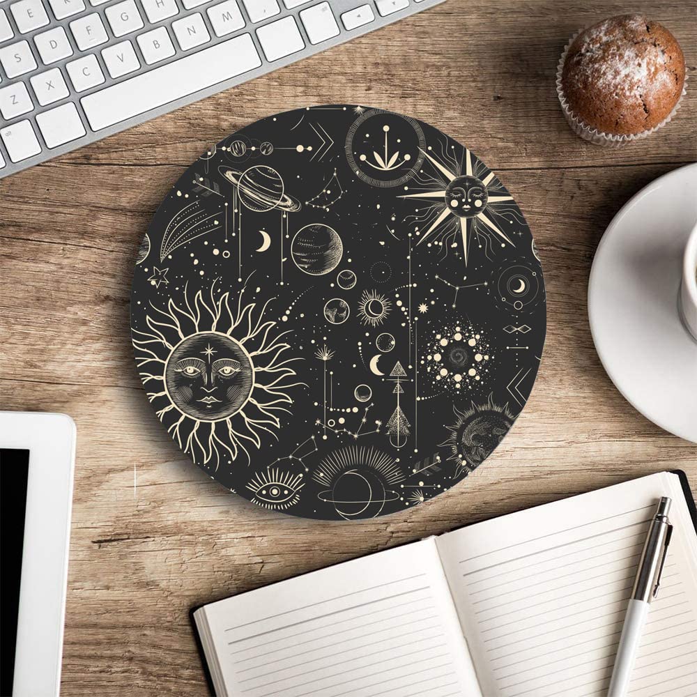 Armanza Round Mouse Pad, Celestial Pattern Sun and Moon Mouse Pad, Washable Gaming Mousepads with Lycra Cloth, Non-Slip Rubber Base Computer Small Mouse Pads for Wireless Mouse