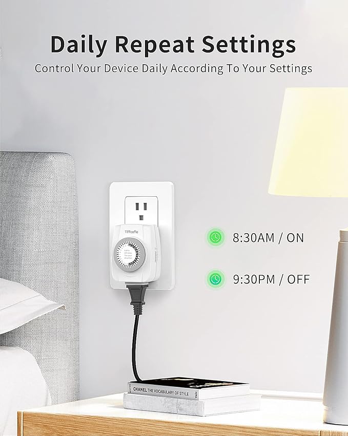 TiFFCOFiO Indoor Mechanical Outlet Timer, 3 Prong Timers for Electrical Outlets, 24-Hour Programmable Plug in Light Timer, ETL Listed (1 Pack)