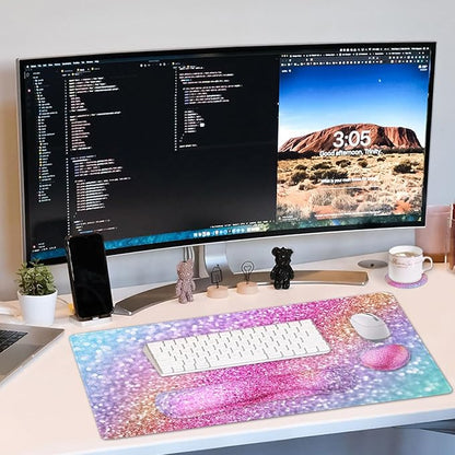 Large Keyboard Mouse Pad Set, Extended Mouse Pad+Keyboard Wrist Rest Support, Memory Foam Ergonomic Easy Typing, 4Pcs (35.4×15.9 in) Desk Pad Set for Home Office Study Game - Colorful