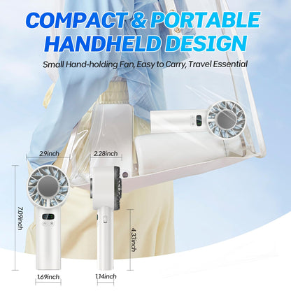 2025 Portable Handheld Ice Fan, Turbo Cooling Fans, 5200mAh, 100 Gear Hurricane Wind, ANC Silent Motor, Digital Display, USB C Rechargeable, Mini Icy Personal Electric Fan for Outdoor & Indoor (White)