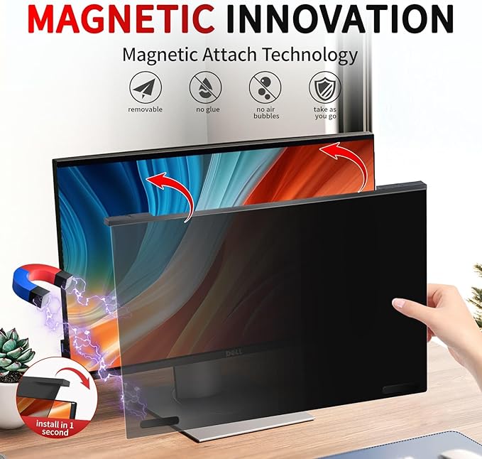 Magnetic 27 Inch Computer Privacy Screen Filter, Hanging Computer Screen Privacy Shield for 16:9 Monitor Removable Anti Blue Light Glare Eye Protection