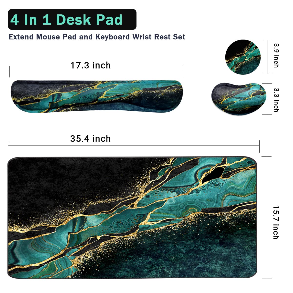 Keyboard Mouse Pad Set, Extended Mouse Pad+Keyboard Wrist Rest Support, Memory Foam Ergonomic Easy Typing, 3Pcs (35.4×15.7 in) Desk Pad Set for Home Office Study Game - Malachite Marble