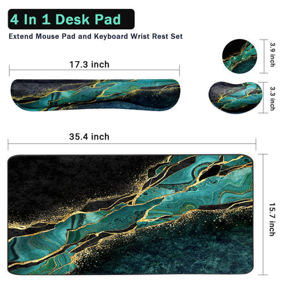 Keyboard Mouse Pad Set, Extended Mouse Pad+Keyboard Wrist Rest Support, Memory Foam Ergonomic Easy Typing, 3Pcs (35.4×15.7 in) Desk Pad Set for Home Office Study Game - Malachite Marble