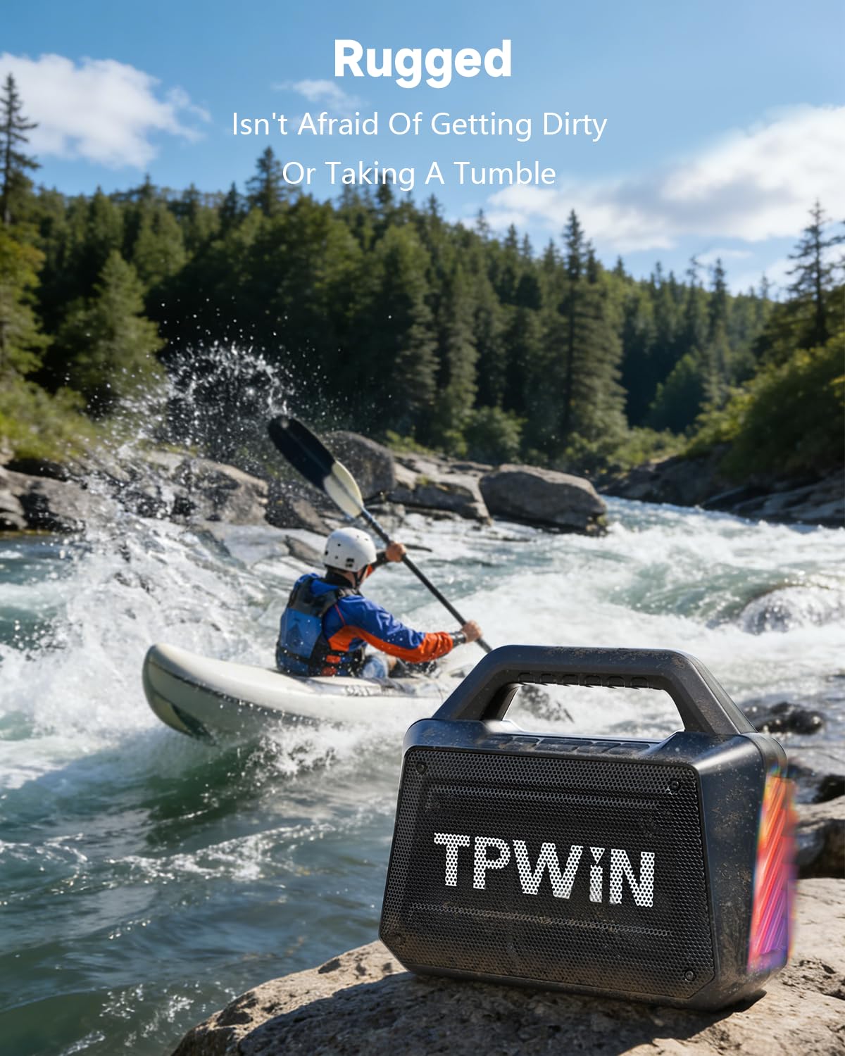 TPWIN Bluetooth Speaker - 80W Loud Rugged Outdoor Speakers, IPX6 Waterproof, 20H Playtime, Deep Bass, Lightshow, TWS, BT 5.3 Wireless, Portable for Travel Hiking Camping Beach Pool - Black