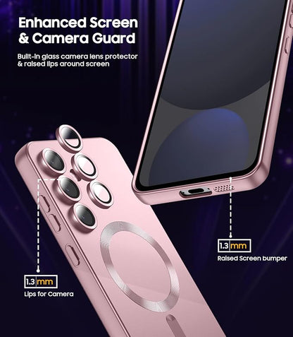 Magnetic for Samsung Galaxy S24 FE Case [Compatible with MagSafe][Built-in Camera Lens Protector] Slim Soft Silicone Bumper Shockproof Metallic Luster Phone Cover (Rose Gold)