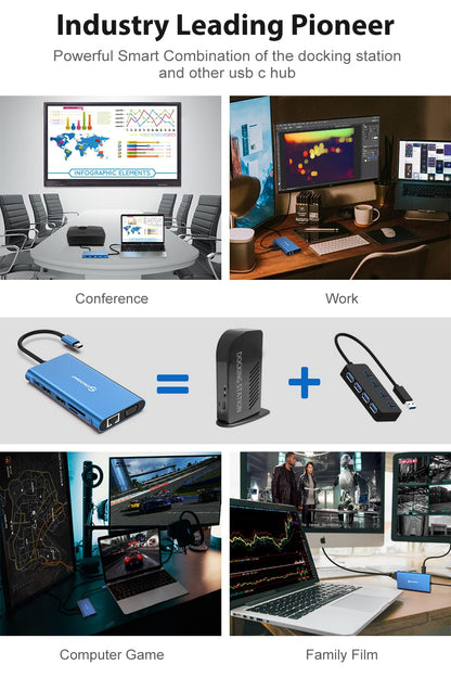 UtechSmart 11 in 1 Docking Station, Triple Monitors USBC Laptop Docking Station with 2 HDMI, VGA, PD3.0, SD TF Card Slot, 4 USB Ports USB-C Adapter Compatible for MacBook & Windows(Blue)