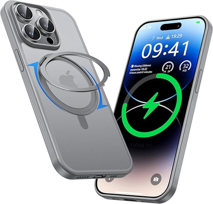 MAGIC JOHN 360° Rotatable Magnetic Invisible Stand for iPhone 15 Pro Case [Camera Control Button] [Compatible with MagSafe] 16FT Shockproof for iPhone 15 Pro Case with Kickstand, Gray