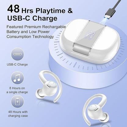Wireless Earbuds Bluetooth 5.3 Headphones Sports, 48Hrs Playtime Bluetooth Earbuds with CVC 8.0 Mic, 2025 Stereo Bass Over Ear Bud with Earhooks, LED Display, IP7 Waterproof Earphon for Running White