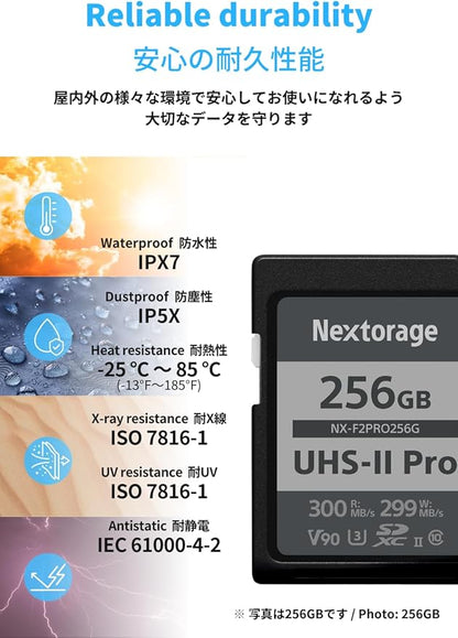 Nextorage 128GB SDXC UHS-II V90 Japanese Brand pSLC Max. Write Speed 299MB/s Max. Read Speed 300MB/s 4K Recording NX-F2PRO128G SD Card Memory for Camera