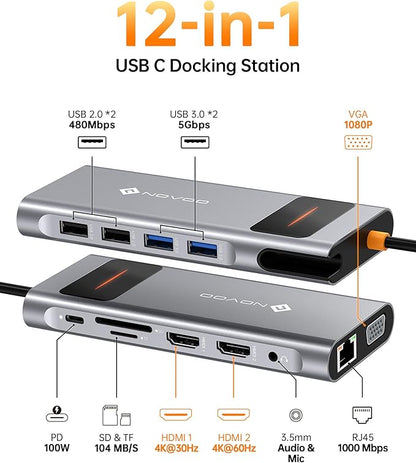 NOVOO USB C Docking Station Dual Monitor HDMI for Dell HP Laptop Type USB C Hub Multiport Adapter Thunderbolt 3 Dongle to 2 HDMI 4K Ethernet 4 USB PD SD TF Audio for Lenovo Surface