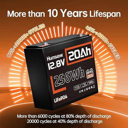12V 20Ah LiFePO4 Lithium Battery, Built-in 20A BMS, EV Grade A+ Cells, Rechargeable 6000 to 15000 Deep Cycles Lithium Batteries 12V, Perfect for Fish Finder, Camping, Power Wheels