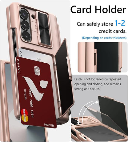 Vihibii for Samsung Galaxy Z Fold 6 Case with S Pen Holder & Card Holder & Slide Camera Cover & Screen Protector & Hinge Protection, Full Cover Shockproof Wallet Phone Case for Z Fold 6 5G, Rose Gold