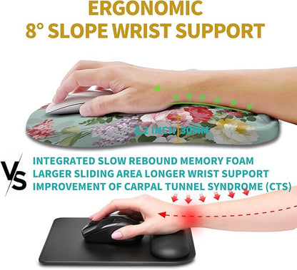 Hokafenle Ergonomic Mouse Pad Wrist Support, Wrist Rest Mousepad for Carpal Tunnel Pain Relief with Integrated Memory Foam Slope Massage Bulge (11.8x7.9 inch,Graceful Peony