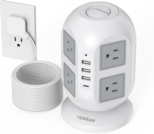 TESSAN Tower Power Strip 15 ft, Long Flat Extension Cord，Multiple Outlets