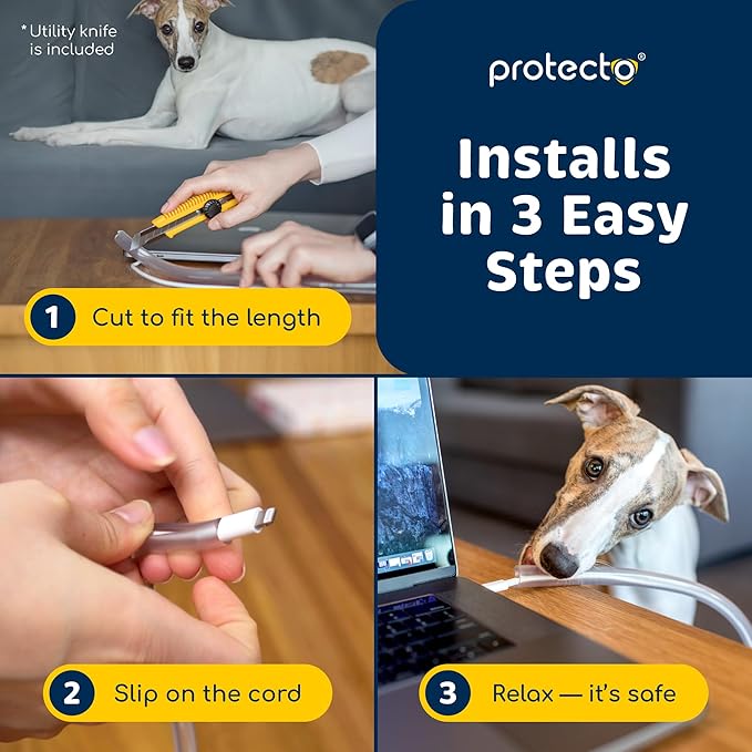 PROTECTO 2-Pack Heavy Duty Cord Protectors from Pets No Chew Solution, 10ft Easy to Use Dog & Cat Cord Protector, Clear & Odorless Critter Cord Covers for Pets, Power Audio Video Wire Protector Tubing