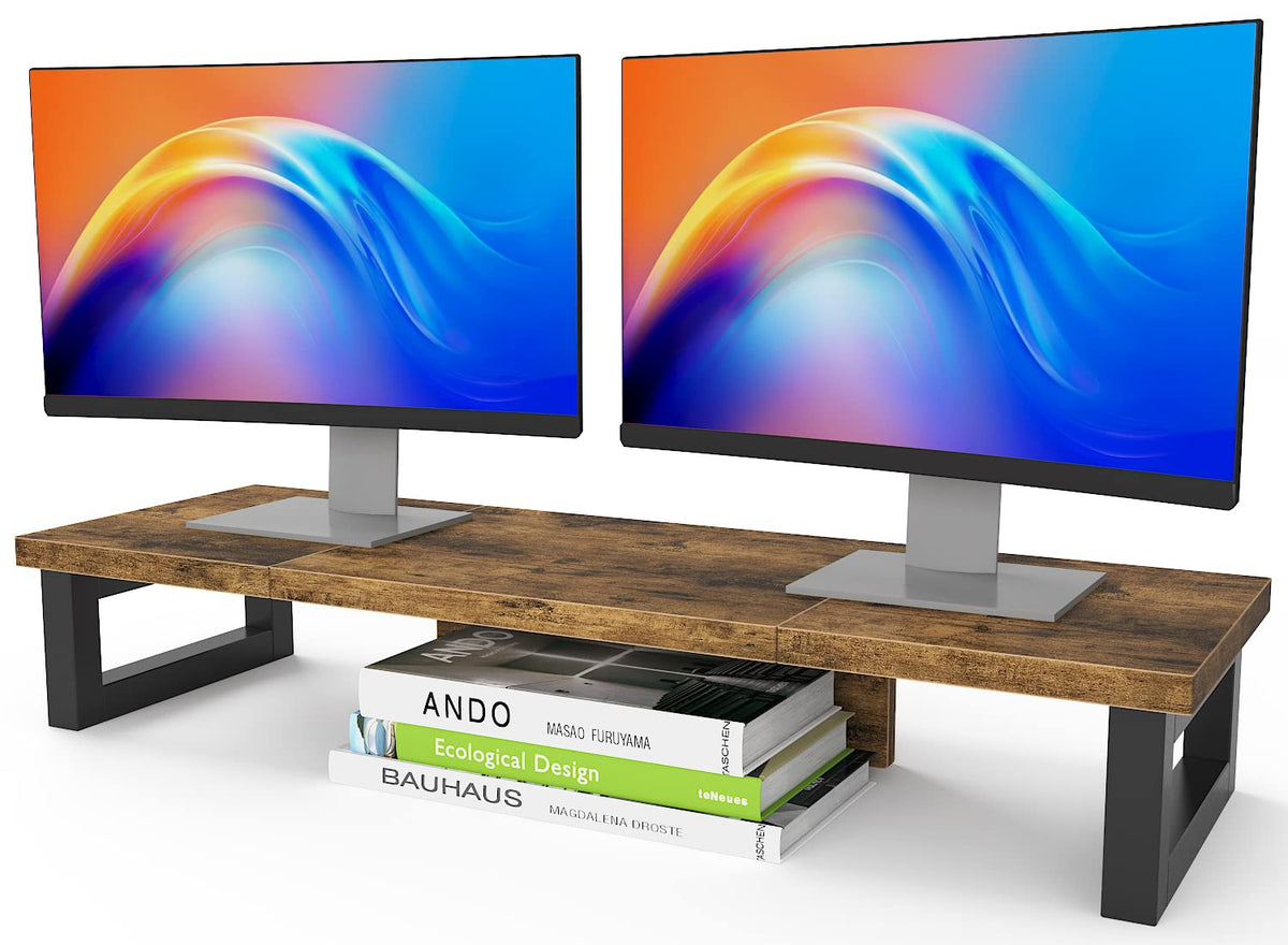WESTREE Dual Monitor Stand Riser, Wood and Steel Monitor Stand Riser, Computer Monitor Stand for 2 Monitors, Multi-Purpose Desktop Storage Stand for Computer,Laptop,Printer,TV