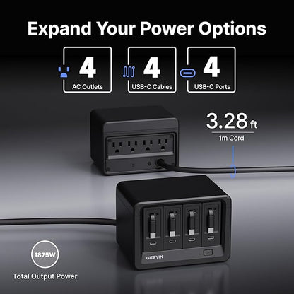 Gitryin 12-in-1 Desktop Charging Station with 4 Retractable Type-C Wall Chargers, 40W USB-C Power Strip with Flat Plug, Extension Cord with 1020J Surge Protection for Home Office