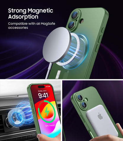 LEKEVO Magnetic for iPhone 16 Case [Compatible with MagSafe][Built-in Camera Lens Protector] Slim Soft Silicone Bumper Shockproof Metallic Luster Phone Case (Green)