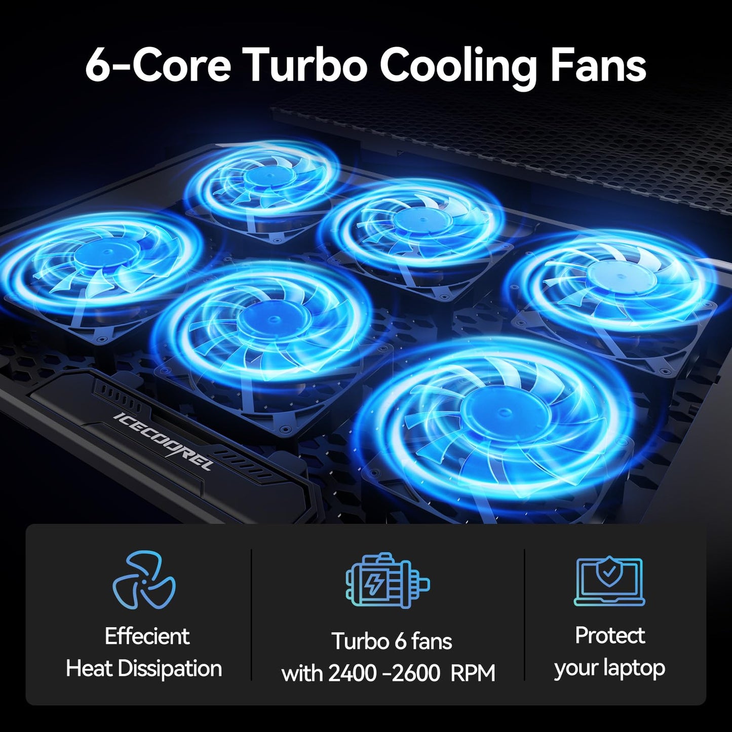 ICE COOREL Laptop Cooling Pad with 6 Cooling Fans, Cooling Pad for Laptop Fan 13-15.6 Inch, Laptop Cooler Stand with 6 Height Adjustable, Notebook Cooler Pad with Two USB Port