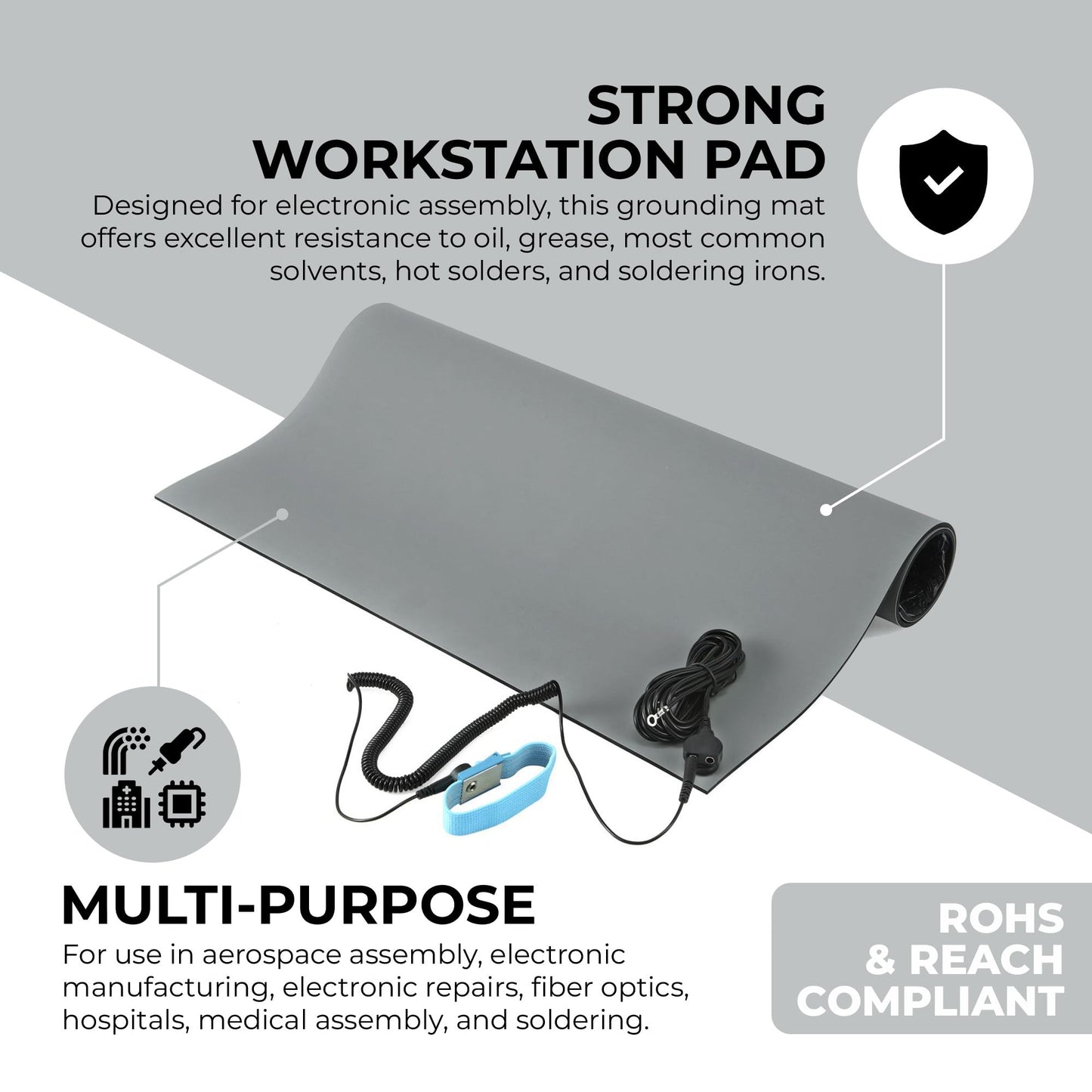 MWRF Source ESD Mat Kit with Wrist Strap and Grounding Cord (2.5 FT x 4 FT x 0.12 Inch, Grey)