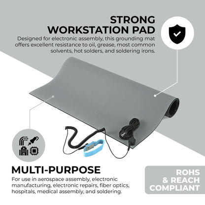 MWRF Source ESD Mat Kit with Wrist Strap and Grounding Cord (2.5 FT x 4 FT x 0.12 Inch, Grey)