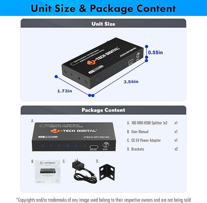 J-Tech Digital HDMI Splitter 1 in 2 Out 4K@60Hz, 1x2 HDMI Splitter for Duplicate/Mirror Screen 4K to 1080P Downscaling Function 3 EDID Settings (JTECH-SP12M18G)