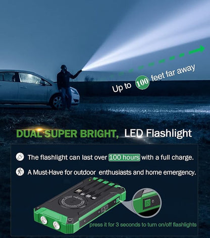 GOODaaa Power Bank Wireless Charger 36000mAh Built in 4 Cables Six Outputs 15W Fast Charging Power Bank for All Mobile Devices Three Inputs Solar Portable Charger with Dual Flashlights, Carabiner