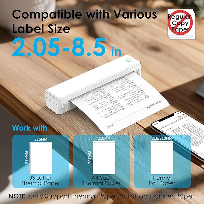 KNAON Bluetooth Thermal Printer, Portable Printer Wireless for Travel,Office&School, Includes 3 Rolls Paper – Supports US Letter,A4 Thermal Paper, Inkless Printing, Compatible with iOS,Android&Laptops