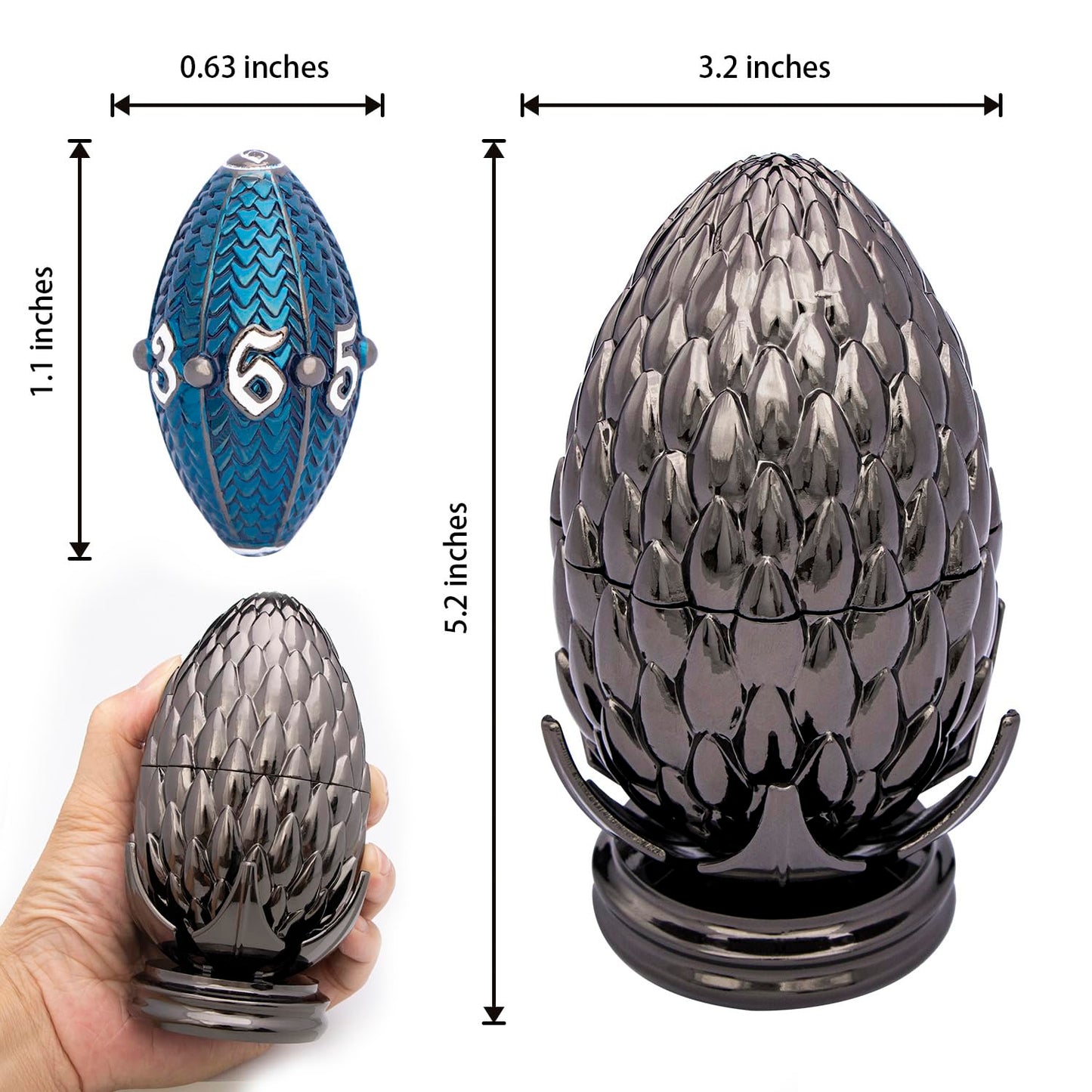 ARUOHHA DND Metal Dice Black Blue Dragons Egg Dice with Rotating Dragon Egg Shell, Compatible with D&D RPG Role Playing Game, Dungeons Polyhedral D and D Dice Set D20 D12 D10 D8 D6 D4