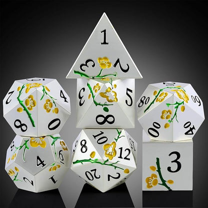 Silver Metal DND Dice, DNDND 7 PCS Heavy Flower Metallic D&D Dice Set with Gorgeous Gift Case for Dungeons and Dragon Tabletop Game (Matte Silver with Yellow Flower)