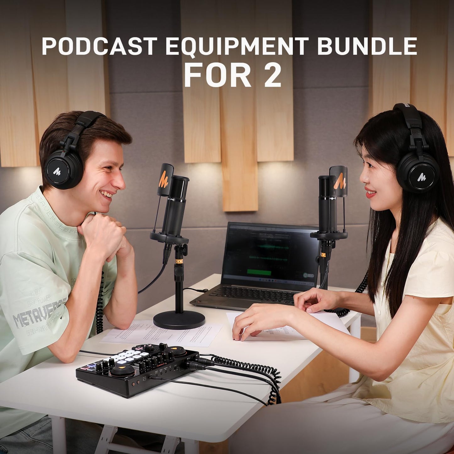 MAONO E2 Gen2B Podcast Equipment Bundle for 2, Dual XLR Condenser Mic Mixer