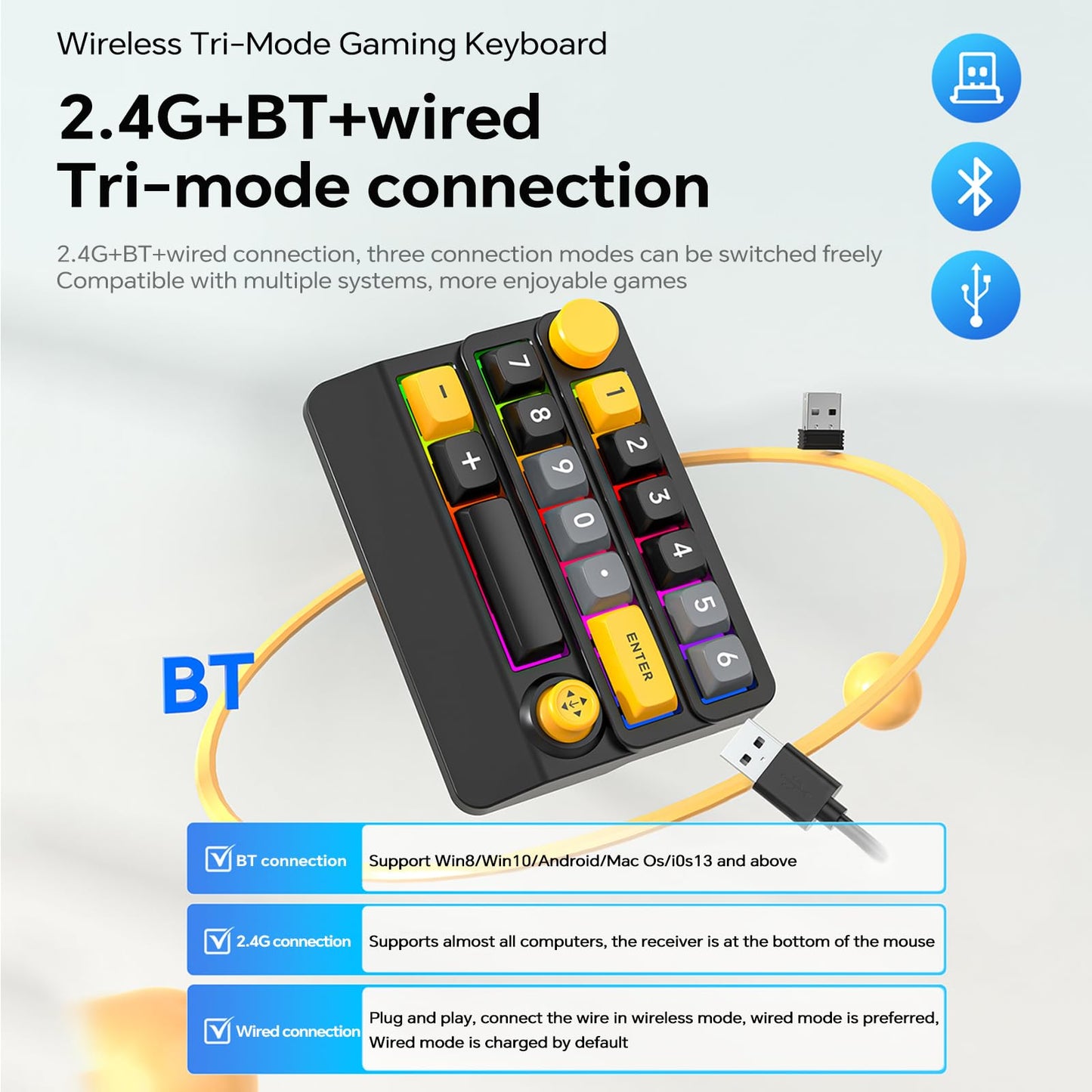 Adventurers W909 Wireless RGB Mechanical Numeric Keypad, Hot-Swappable, Macro-Programmable Numpad, Joystick & Knob Control for PC/Tablet/Laptop/Phone, Tri-Mode Connectivity (Yellow on Black)