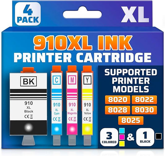 910XL Ink Cartridge Combo Pack – Includes Black & Color – Compatible with HP 8020, 8025, 8028, 8030, 8035, 8010, 8015, 8018, 8022 – Vivid Results – Easy Installation