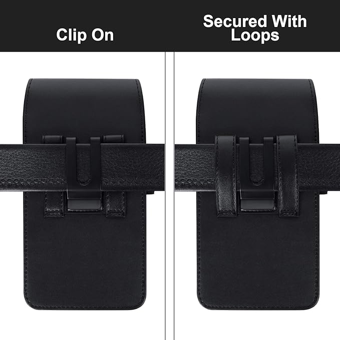 BECPLT Leather Holster Belt Case for iPhone 16 Pro/15/14/13/12/11 Pro & Galaxy S25/S24/S23/S22/S21/S20 - Slim Hard Case with Clip/Loops - Black