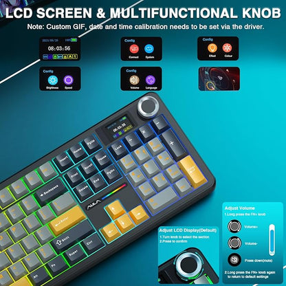AULA F108 PRO - Wireless Mechanical Keyboard with Screen&Knob,Hot Swappable Gaming Keyboard with 8000mAh Battery,Pre-lubed Switches,RGB Backlit,PBT Keycaps Creamy Sounding Computer Keyboards,104 Keys