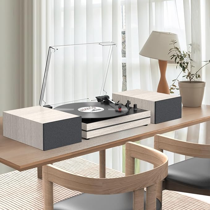 Record Player for Vinyl with External Speakers, Belt-Drive Turntable with Dual Stereo Speakers Vintage Vinyl LP Player Support 3 Speed Wireless AUX Headphone Input Auto Stop for Music Lover White