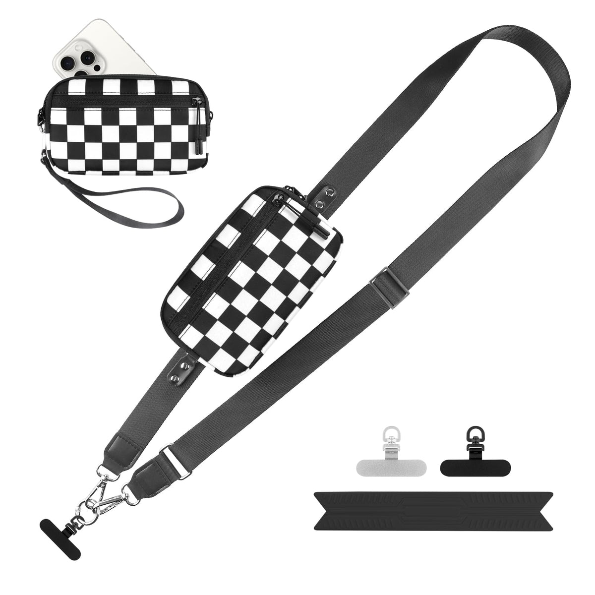 YFWE Clip and Go Strap for Phone with Wallet Crossbody, Adjustable Phone Lanyard with Detachable RFID Wristlet Wallet, Phone Strap with Phone Tabs for All Phones, Black Checkered (M)