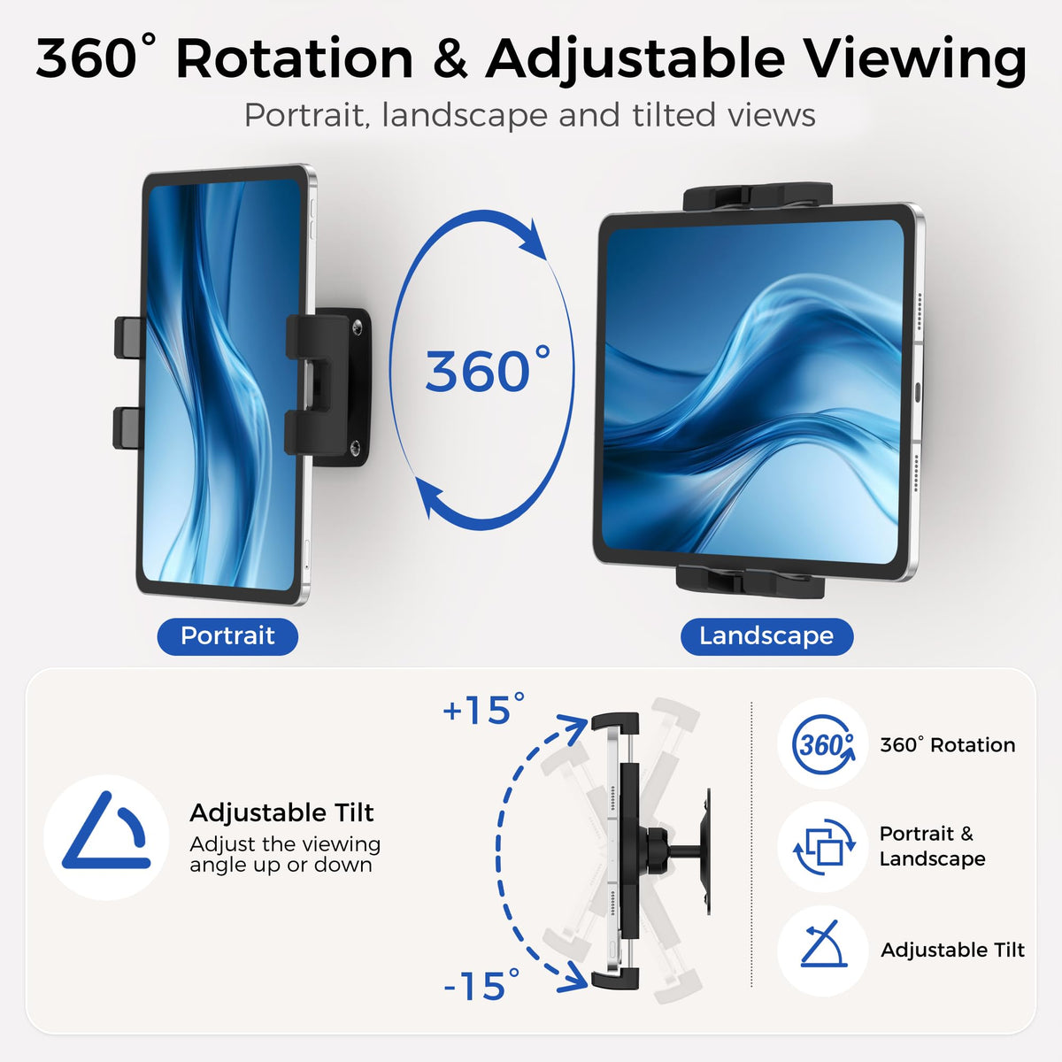 Keuvirya iPad Wall Mount, Universal 360° Rotating Tablet Wall Mount Holder