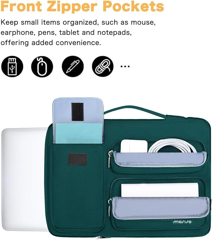 MOSISO 360 Protective Laptop Case 13.3 inch, 13-13.3 inch Laptop Sleeve Compatible with MacBook Air/Pro 13 / Pro 14, HP Dell ASUS Lenovo, Side Open Bag with 2 Raised&1 Flapover Pockets, Teal Green