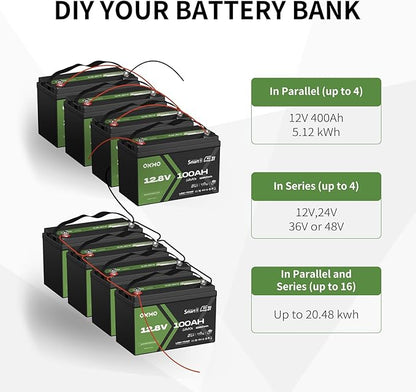 OKMO 12V 100Ah LiFePO4 Battery, Lithium Battery 100A BMS, 10 Years Lifetime 15000+ Deep Cycles,for Marine, RV, Trolling Motor, Boat, Camper, Solar Home Iron Phosphate, Low Temperature Protection