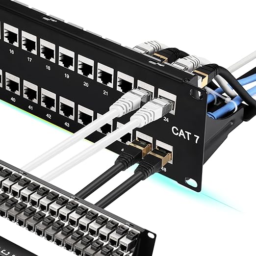 Rapink 48 Port Cat7 Patch Panel with Inline Keystone 10G Support, 19-Inch STP Shielded Coupler, 2U Network Patch Panel for Cat7, Cat6, Cat6A, Cat5e Cabling