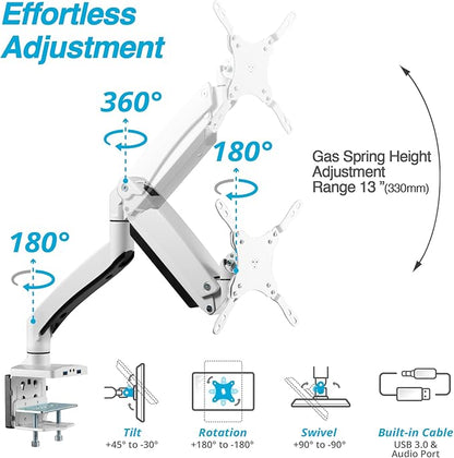 AVLT Single 17"-49" Super Ultrawide Monitor Arm for Screens Up to 50 lbs, Premium Aluminum Desk Stand, Adjustable Pneumatic Height, Full Motion Swivel Tilt Rotation, USB 3.0 & AUX Ports, White