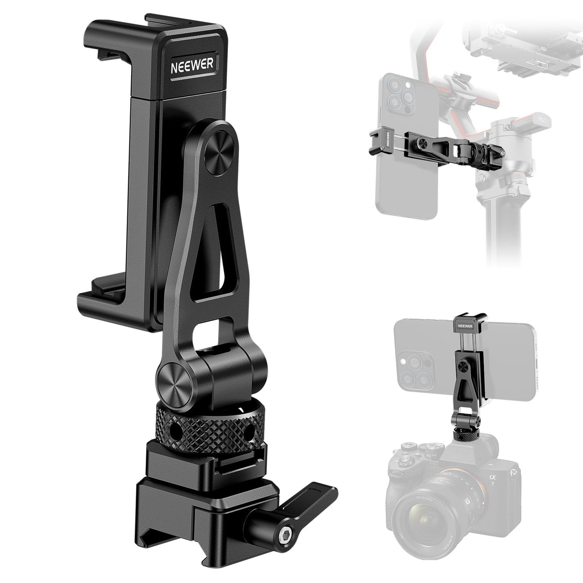 NEEWER Metal Phone Tripod Mount with Cold Shoe NATO Clamp Compatible with DJI RS5 RS4 RS3 Pro RS2 RSC2 Gimbal Stabilizer, 180° Tilt Phone Clip Holder Compatible with iPhone 15 Pro Camera Cage, GA010